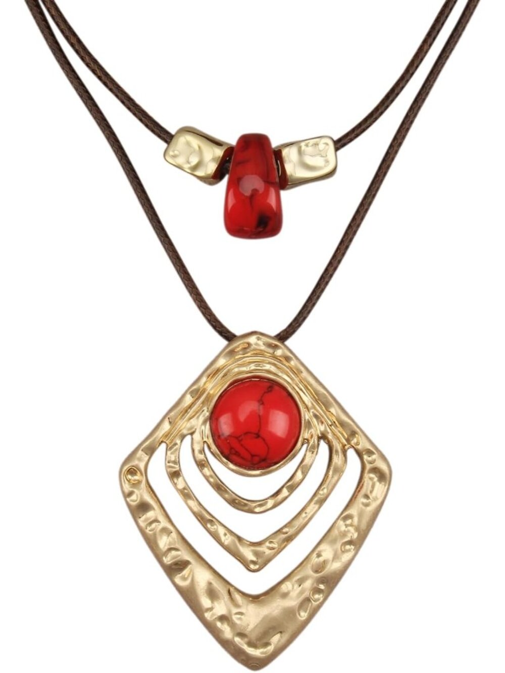 Women's Boho Red Stone Diamond Pendant Necklace Layered Gold Geometric Cord